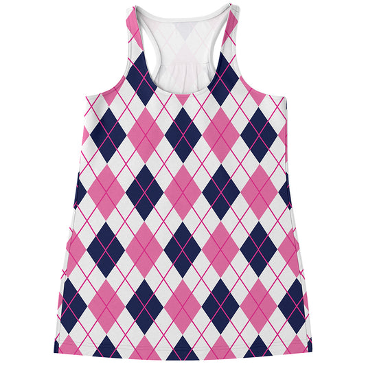 White Pink And Blue Argyle Pattern Print Women's Racerback Tank Top