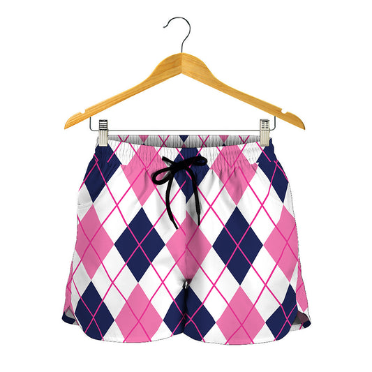 White Pink And Blue Argyle Pattern Print Women's Shorts