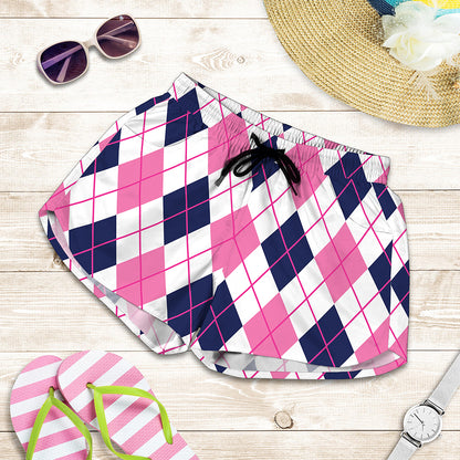 White Pink And Blue Argyle Pattern Print Women's Shorts