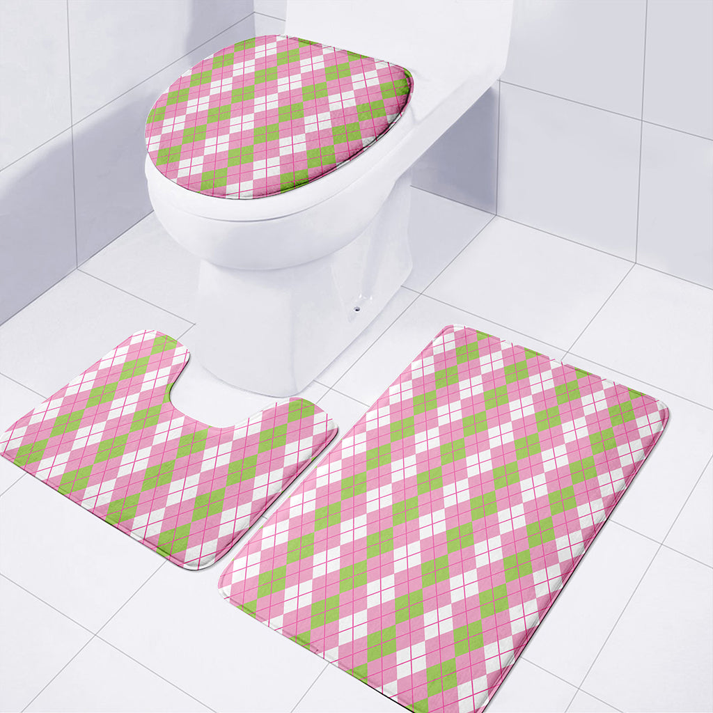 White Pink And Green Argyle Print 3 Piece Bath Mat Set