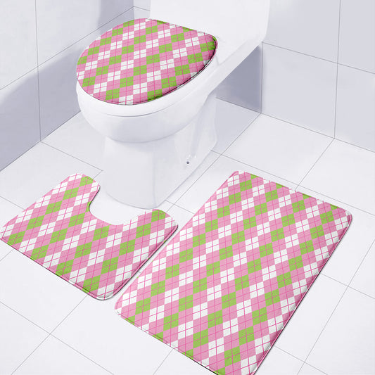 White Pink And Green Argyle Print 3 Piece Bath Mat Set