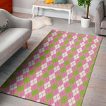 White Pink And Green Argyle Print Area Rug