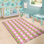 White Pink And Green Argyle Print Area Rug