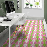 White Pink And Green Argyle Print Area Rug