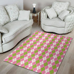White Pink And Green Argyle Print Area Rug