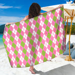 White Pink And Green Argyle Print Beach Sarong Wrap