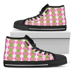 White Pink And Green Argyle Print Black High Top Shoes