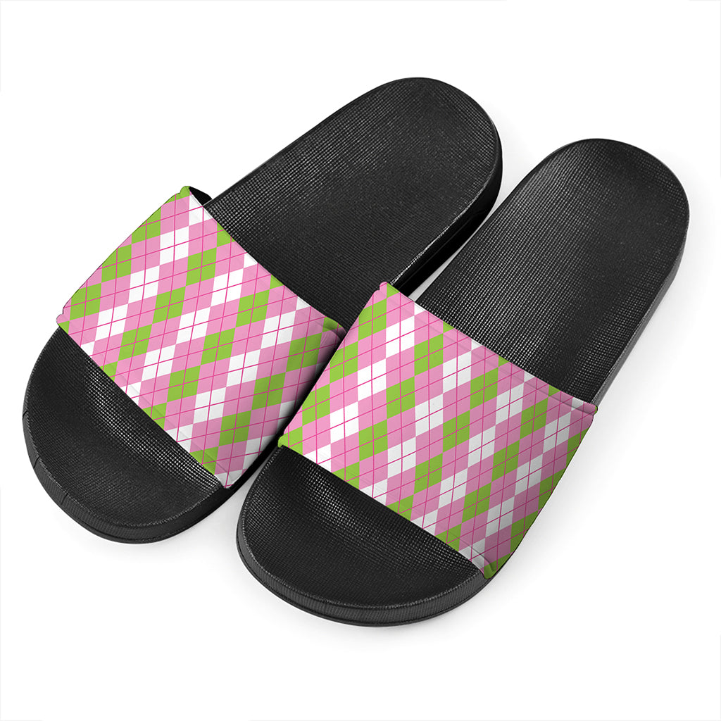 White Pink And Green Argyle Print Black Slide Sandals