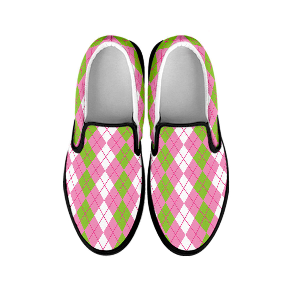 White Pink And Green Argyle Print Black Slip On Shoes