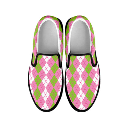 White Pink And Green Argyle Print Black Slip On Shoes