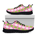 White Pink And Green Argyle Print Black Running Shoes