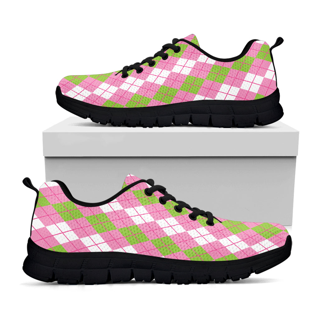 White Pink And Green Argyle Print Black Sneakers