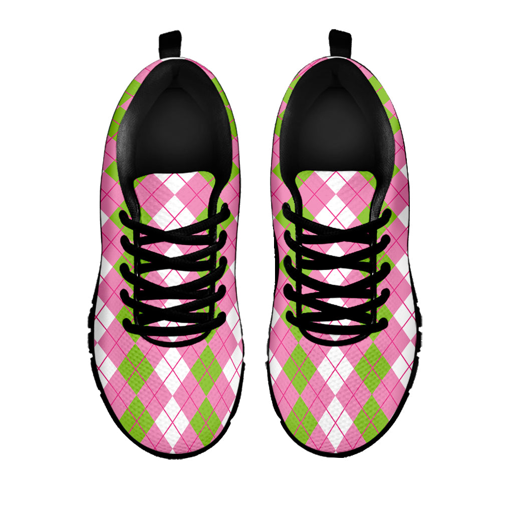 White Pink And Green Argyle Print Black Sneakers
