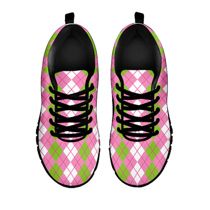 White Pink And Green Argyle Print Black Sneakers