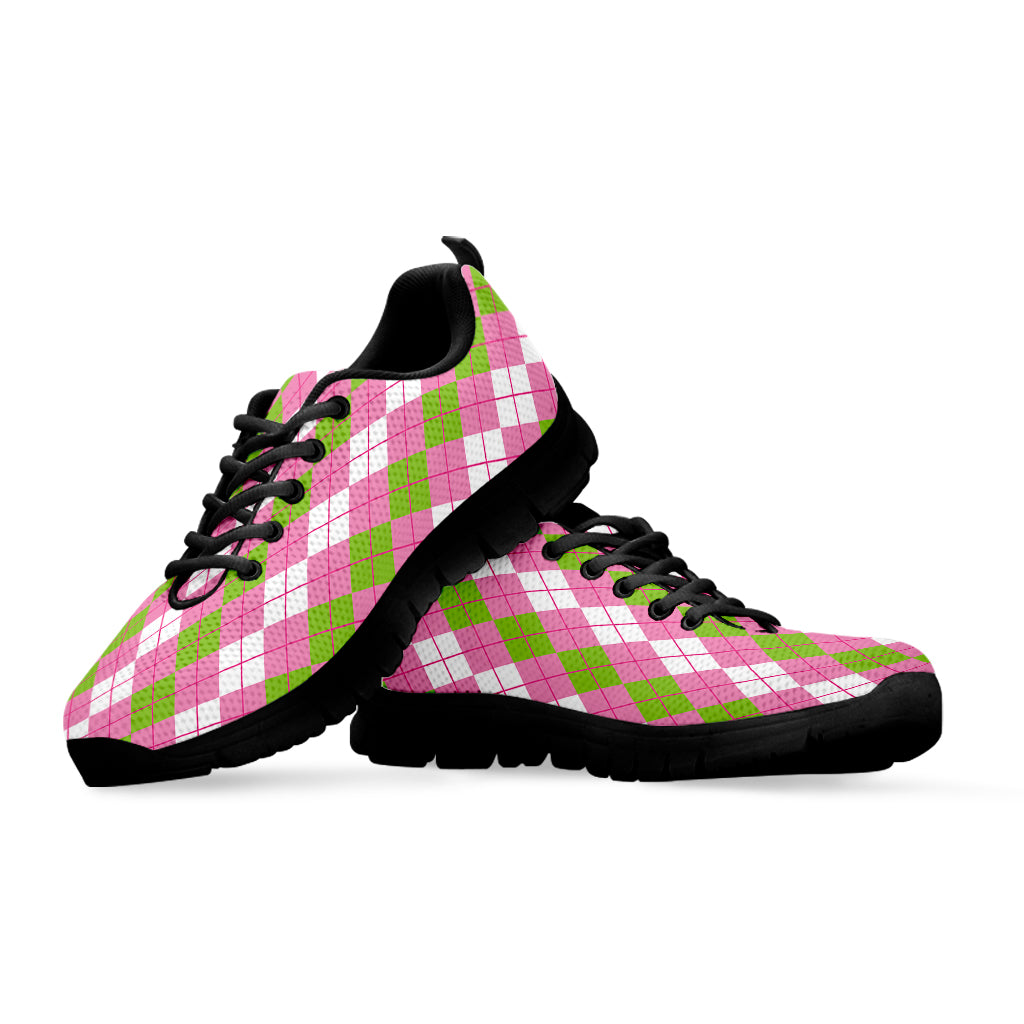 White Pink And Green Argyle Print Black Sneakers