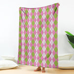 White Pink And Green Argyle Print Blanket