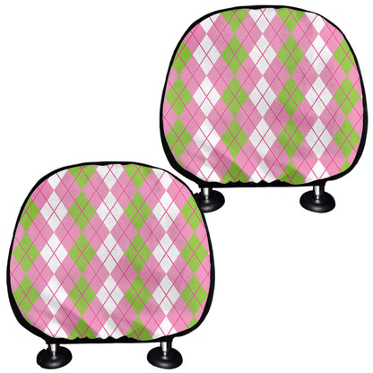 White Pink And Green Argyle Print Car Headrest Covers