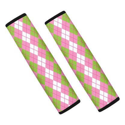 White Pink And Green Argyle Print Car Seat Belt Covers