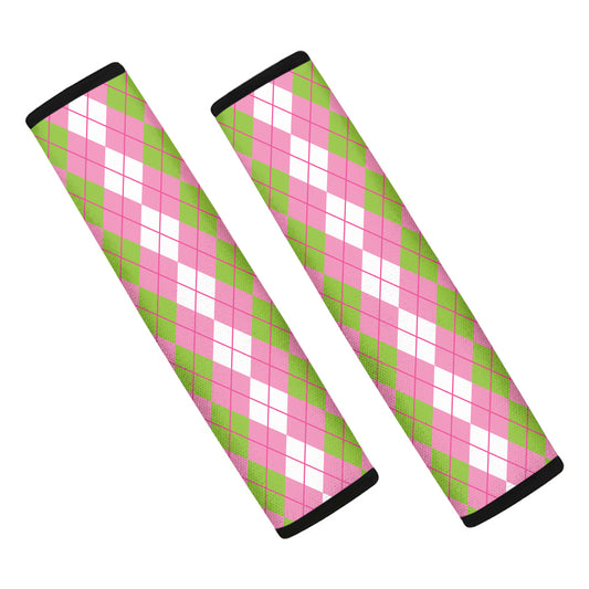 White Pink And Green Argyle Print Car Seat Belt Covers