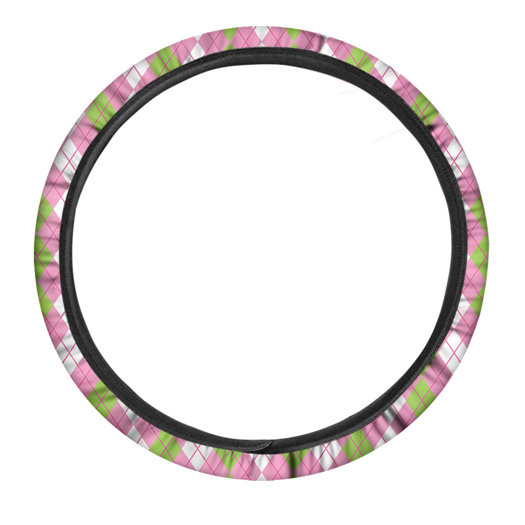 White Pink And Green Argyle Print Car Steering Wheel Cover