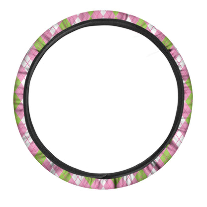 White Pink And Green Argyle Print Car Steering Wheel Cover