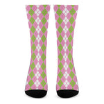 White Pink And Green Argyle Print Crew Socks