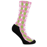 White Pink And Green Argyle Print Crew Socks