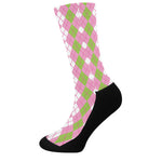 White Pink And Green Argyle Print Crew Socks