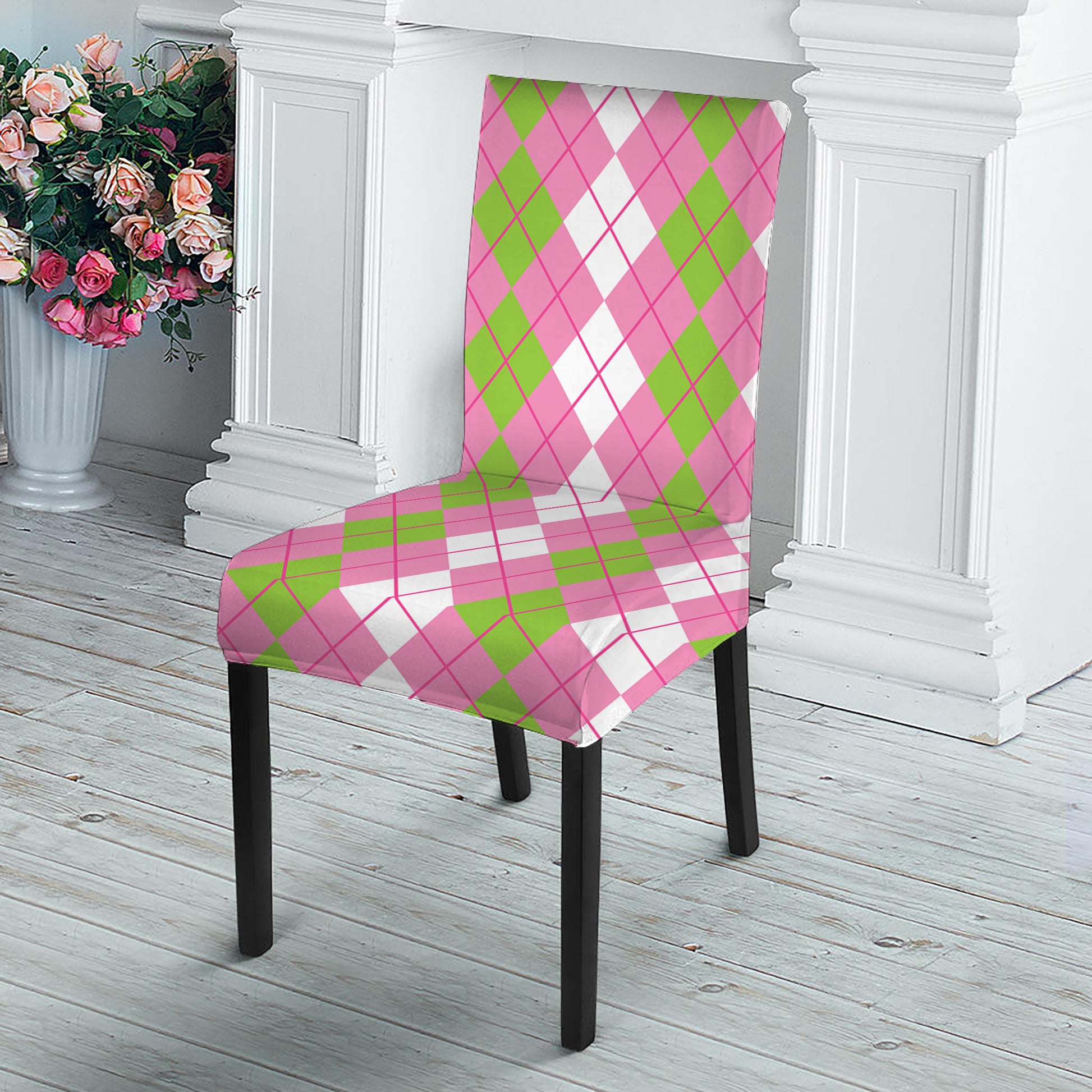 White Pink And Green Argyle Print Dining Chair Slipcover