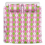 White Pink And Green Argyle Print Duvet Cover Bedding Set