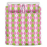 White Pink And Green Argyle Print Duvet Cover Bedding Set