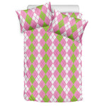 White Pink And Green Argyle Print Duvet Cover Bedding Set
