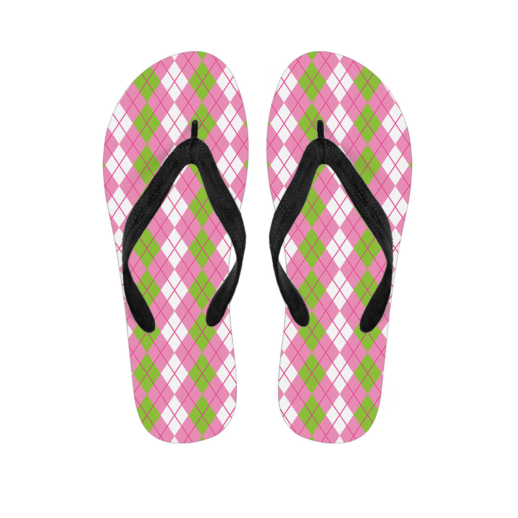 White Pink And Green Argyle Print Flip Flops