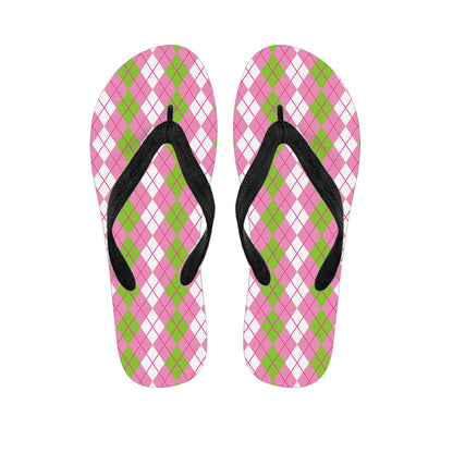 White Pink And Green Argyle Print Flip Flops