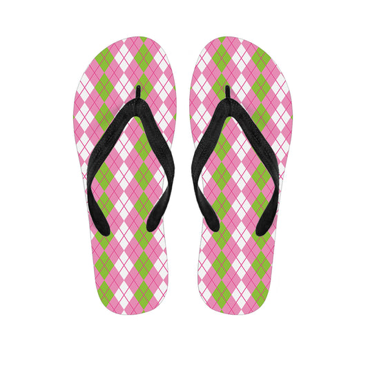 White Pink And Green Argyle Print Flip Flops