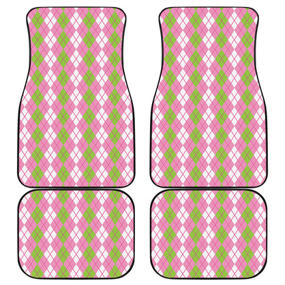 White Pink And Green Argyle Print Front and Back Car Floor Mats