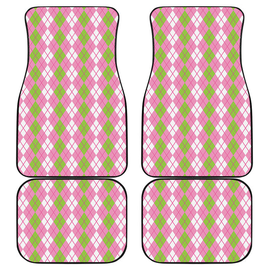 White Pink And Green Argyle Print Front and Back Car Floor Mats