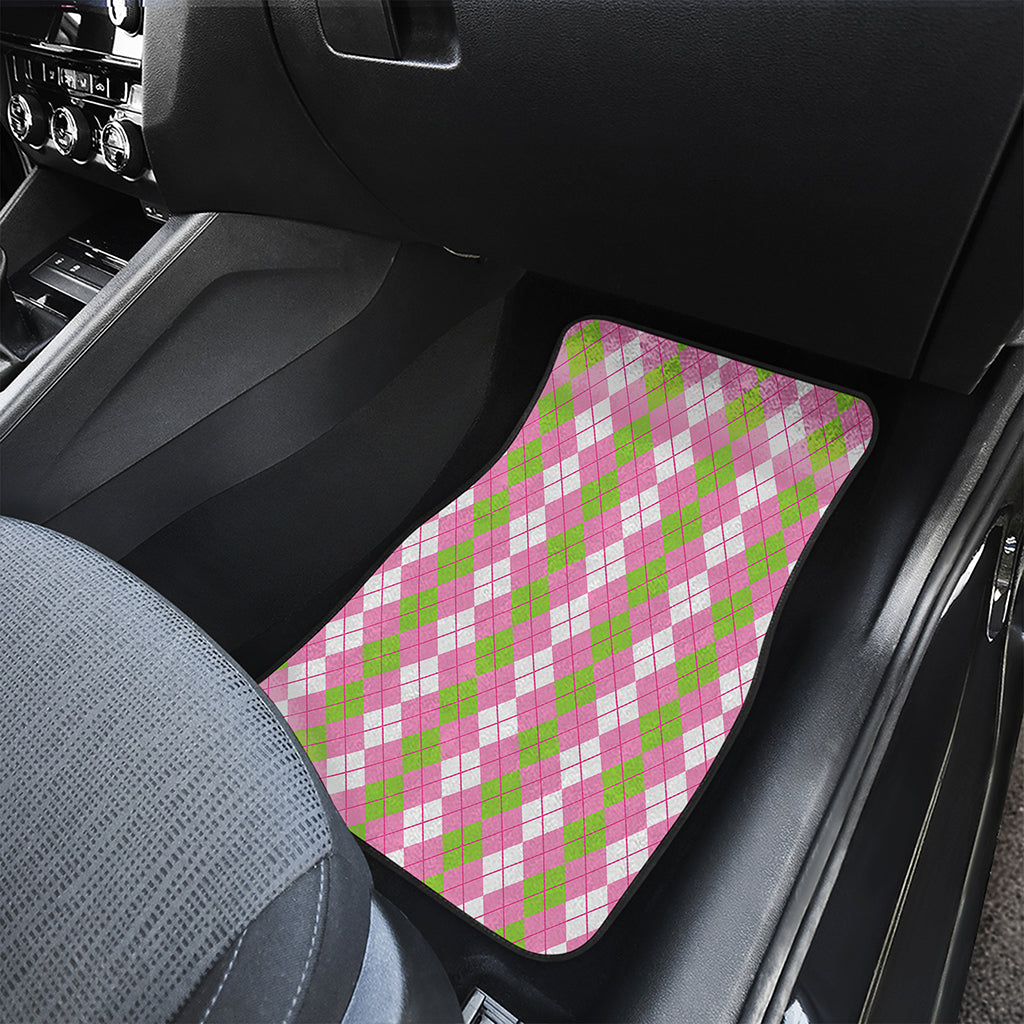 White Pink And Green Argyle Print Front and Back Car Floor Mats