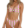 White Pink And Green Argyle Print Front Bow Tie Bikini