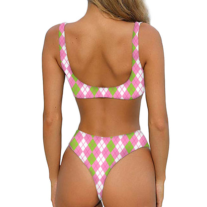 White Pink And Green Argyle Print Front Bow Tie Bikini