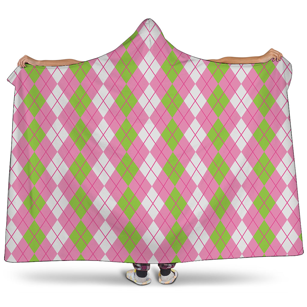 White Pink And Green Argyle Print Hooded Blanket