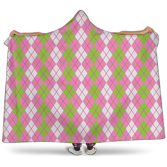 White Pink And Green Argyle Print Hooded Blanket