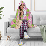 White Pink And Green Argyle Print Hooded Blanket
