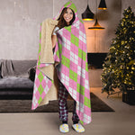 White Pink And Green Argyle Print Hooded Blanket