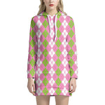 White Pink And Green Argyle Print Hoodie Dress