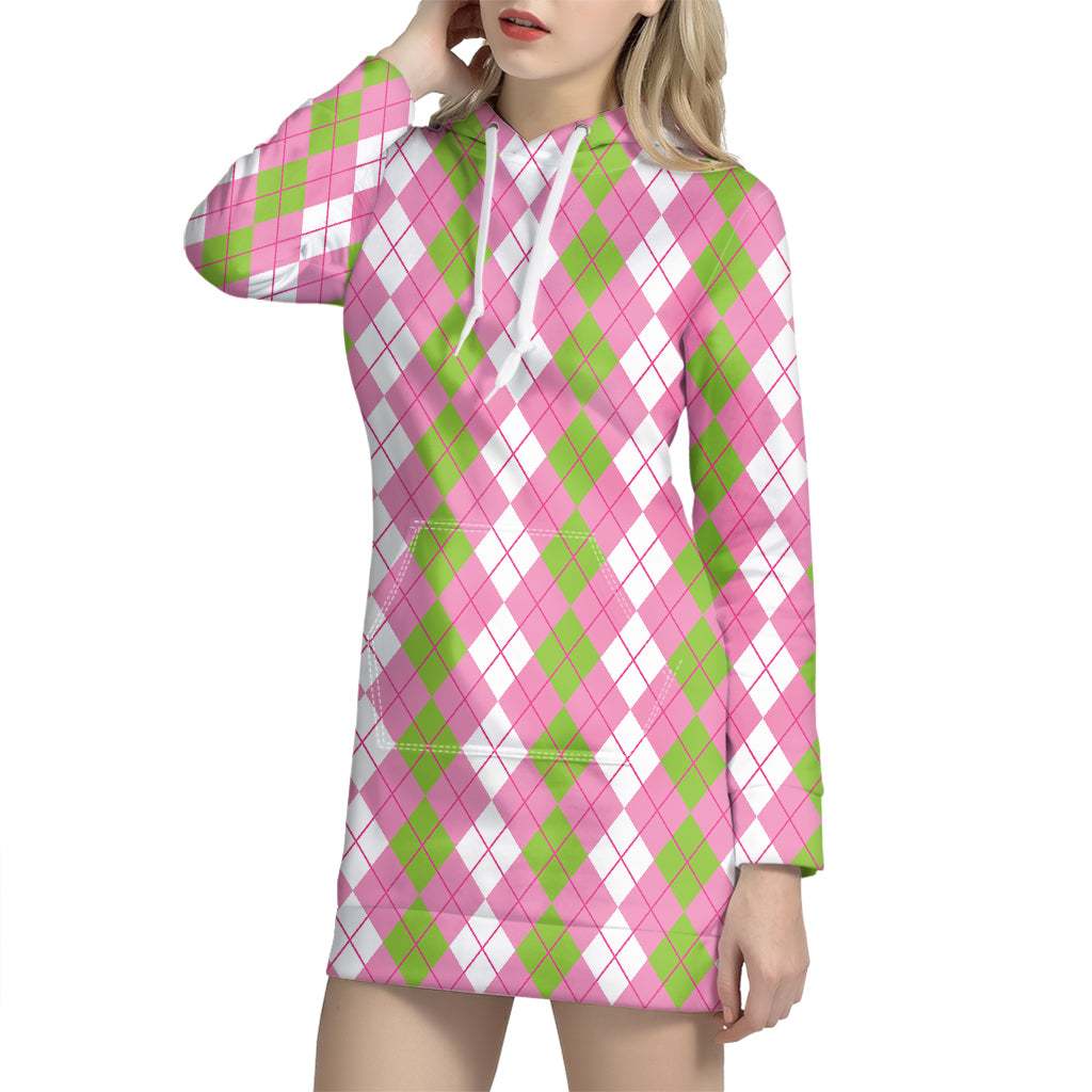 White Pink And Green Argyle Print Hoodie Dress