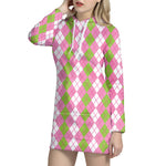 White Pink And Green Argyle Print Hoodie Dress