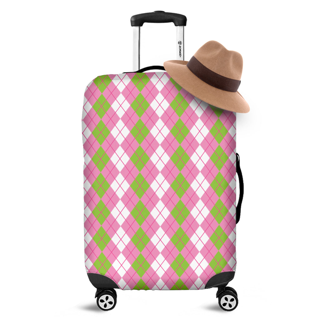 White Pink And Green Argyle Print Luggage Cover