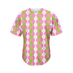 White Pink And Green Argyle Print Men's Baseball Jersey