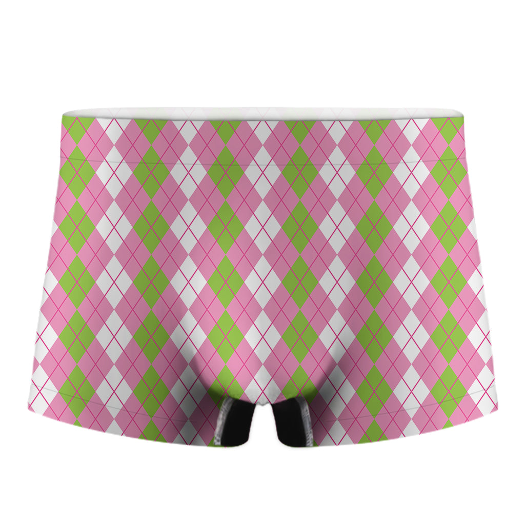 White Pink And Green Argyle Print Men's Boxer Briefs